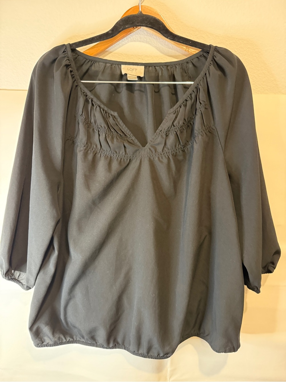 LOFT Black Peasant V-Neck Blouse with Gathered Detail